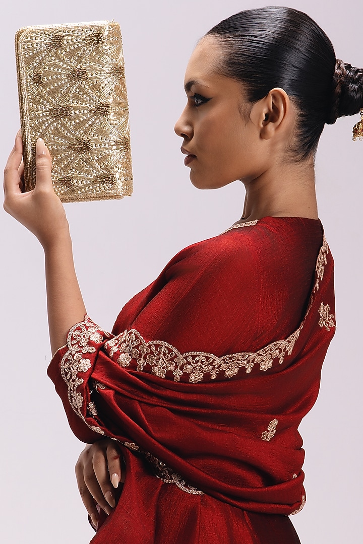 Gold Satin Embellished Rectangle Clutch by Be Chic at Pernia's Pop Up Shop