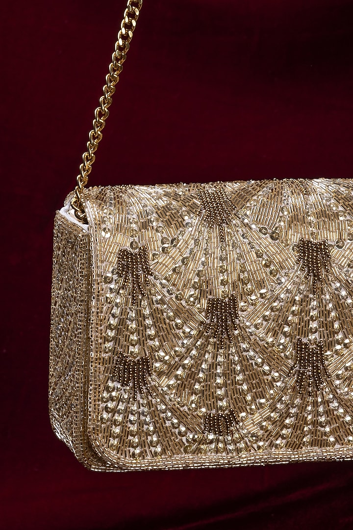 Gold Satin Embellished Rectangle Clutch by Be Chic at Pernia's Pop Up Shop