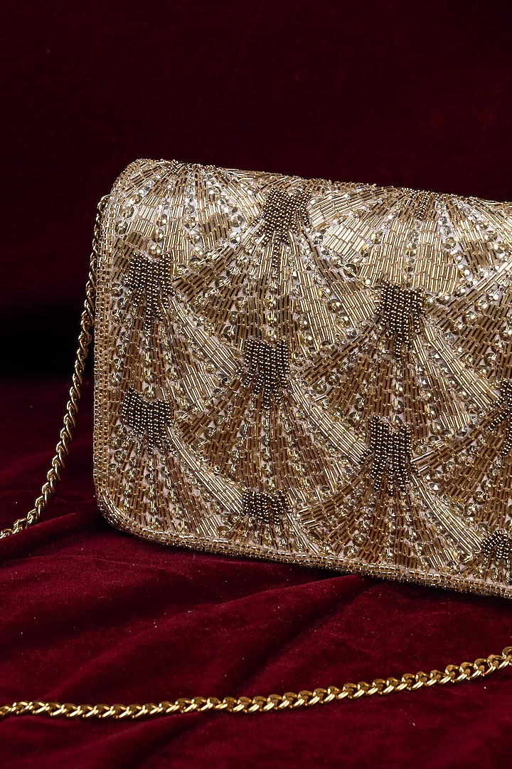 Gold Satin Embellished Rectangle Clutch by Be Chic at Pernia's Pop Up Shop