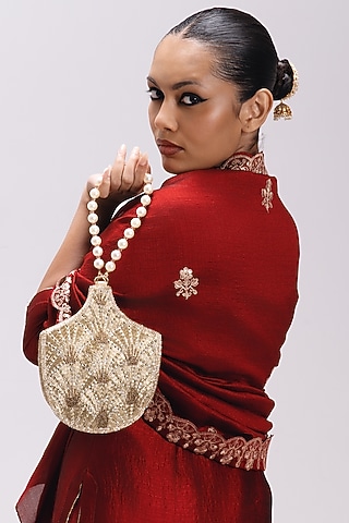 Gold Satin Embellished Potli by Be Chic