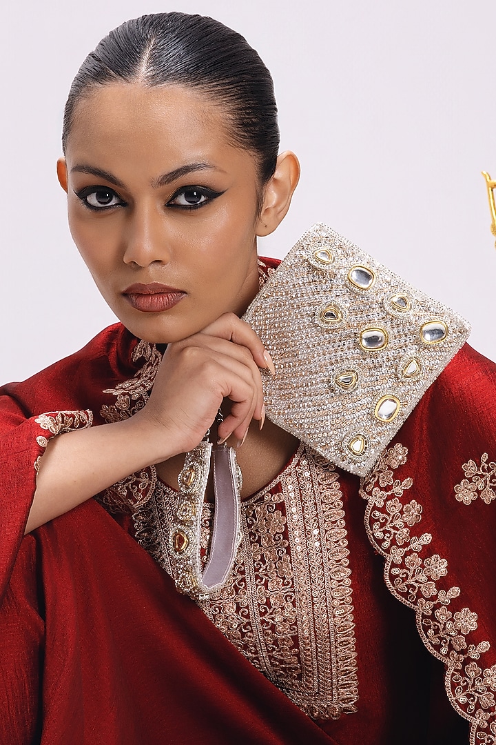 Gold Satin Embellished Clutch by Be Chic at Pernia's Pop Up Shop