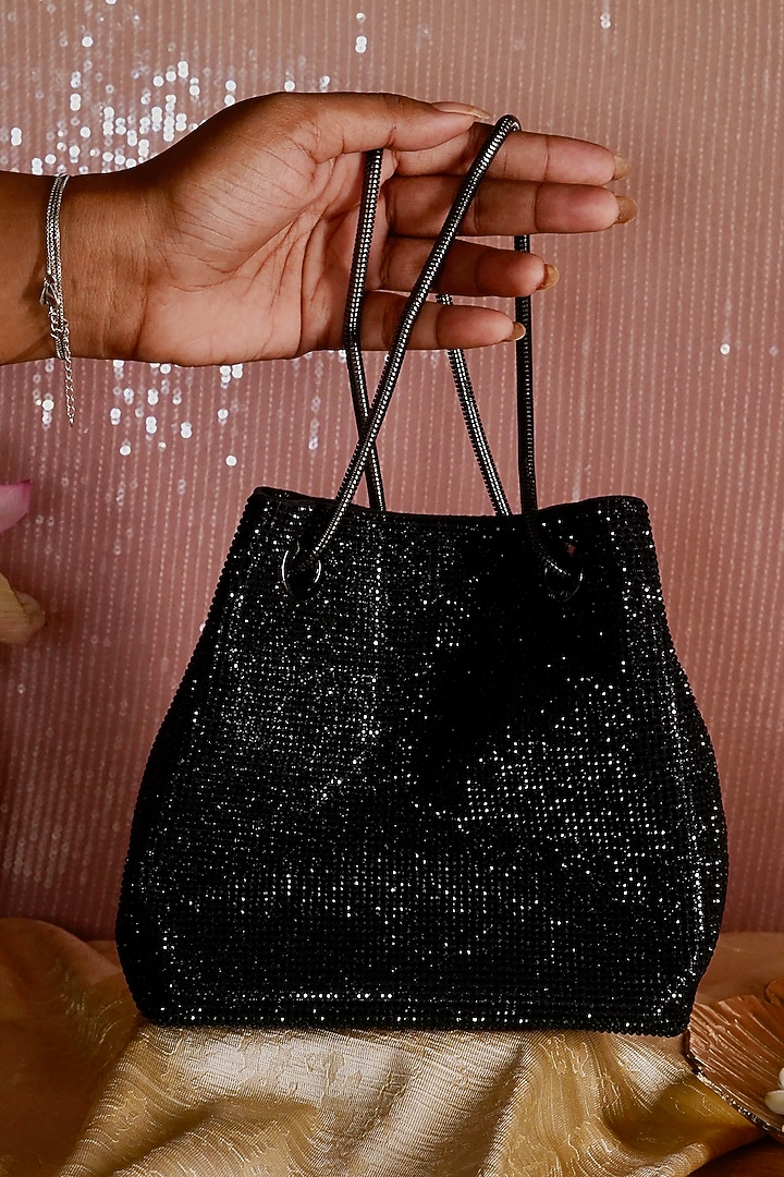 Black Satin Crystal Potli by Be Chic at Pernia's Pop Up Shop