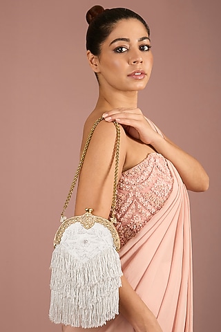 Ivory Satin Tassel Embellished Potli by Be Chic