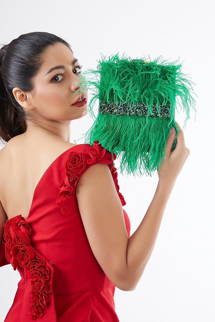 Green Satin Hand Embroidered Clutch by Be Chic