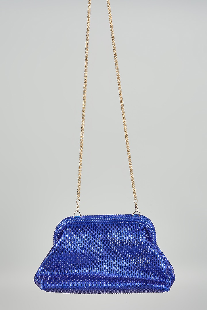 Blue Satin Crystal Embellished Clutch by Be Chic at Pernia's Pop Up Shop