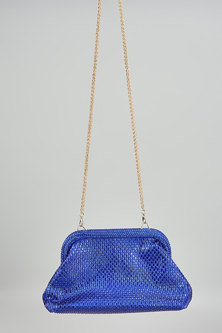 Blue Satin Crystal Embellished Clutch by Be Chic at Pernia's Pop Up Shop