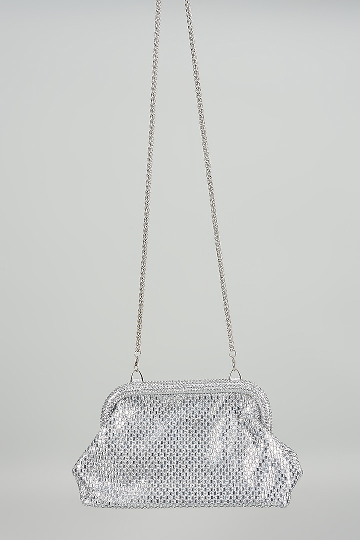 Silver Satin Crystal Embellished Clutch by Be Chic at Pernia's Pop Up Shop