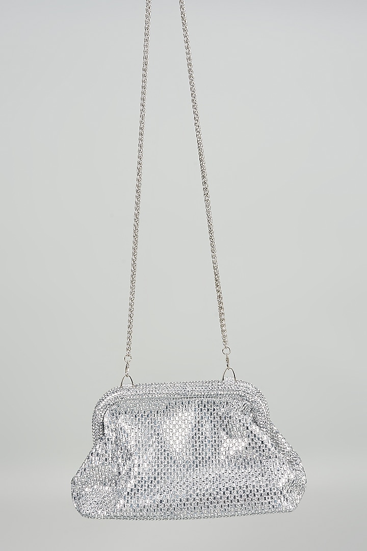 Silver Satin Crystal Embellished Clutch by Be Chic at Pernia's Pop Up Shop