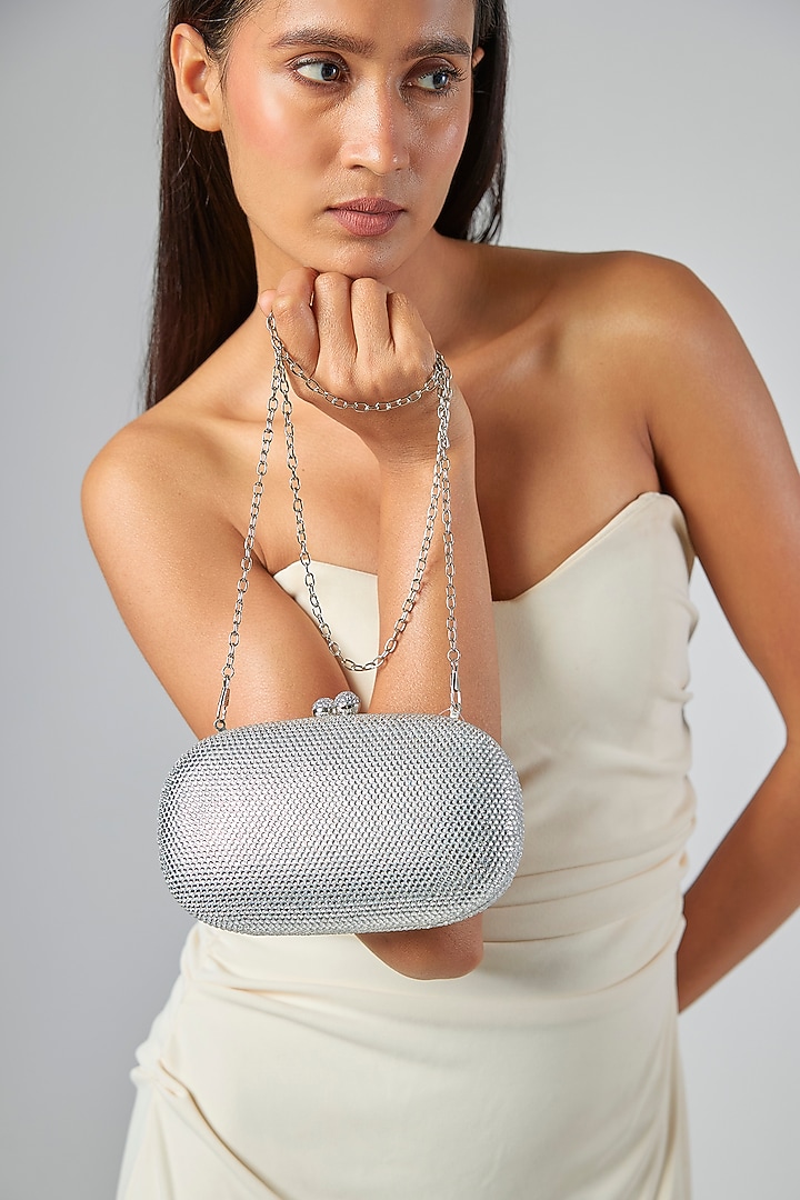 Silver Satin Crystal Embellished Clutch by Be Chic at Pernia's Pop Up Shop