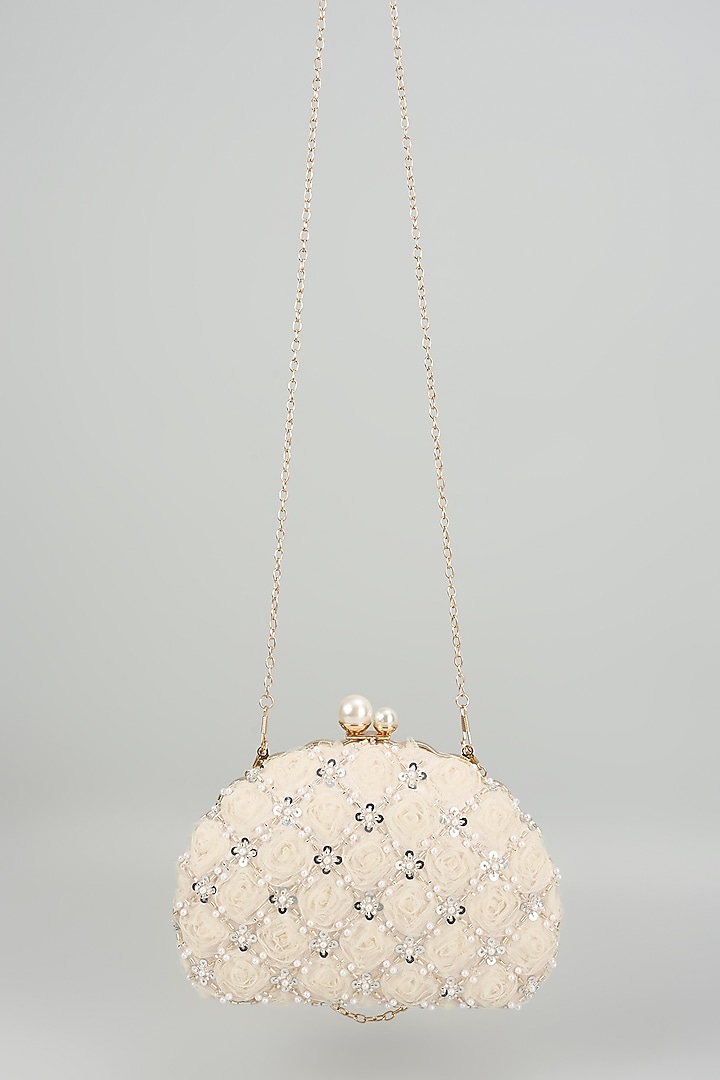 White Satin Floral Embroidered Semi-Circular Clutch by Be Chic at Pernia's Pop Up Shop