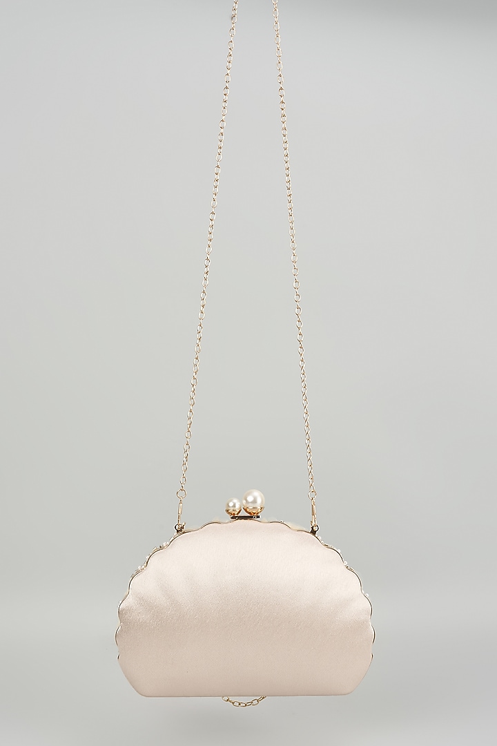 White Satin Floral Embroidered Semi-Circular Clutch by Be Chic at Pernia's Pop Up Shop