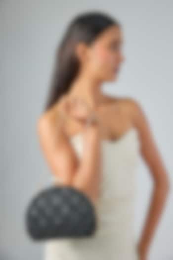 Black Satin Floral Embroidered Semi-Circular Clutch by Be Chic at Pernia's Pop Up Shop