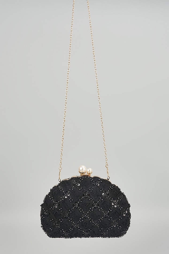 Black Satin Floral Embroidered Semi-Circular Clutch by Be Chic at Pernia's Pop Up Shop