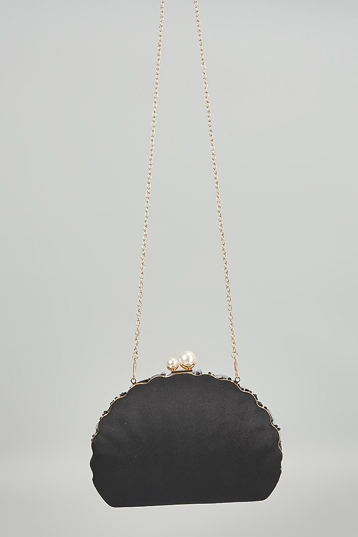 Black Satin Floral Embroidered Semi-Circular Clutch by Be Chic at Pernia's Pop Up Shop