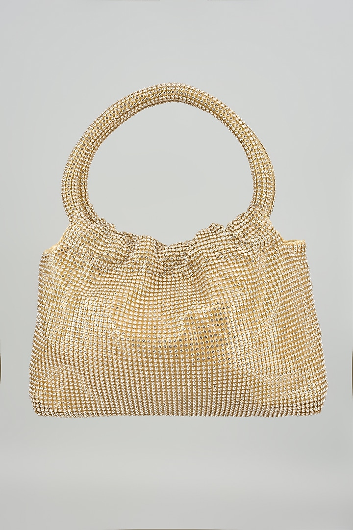 Gold Satin Crystal Embellished Clutch by Be Chic at Pernia's Pop Up Shop