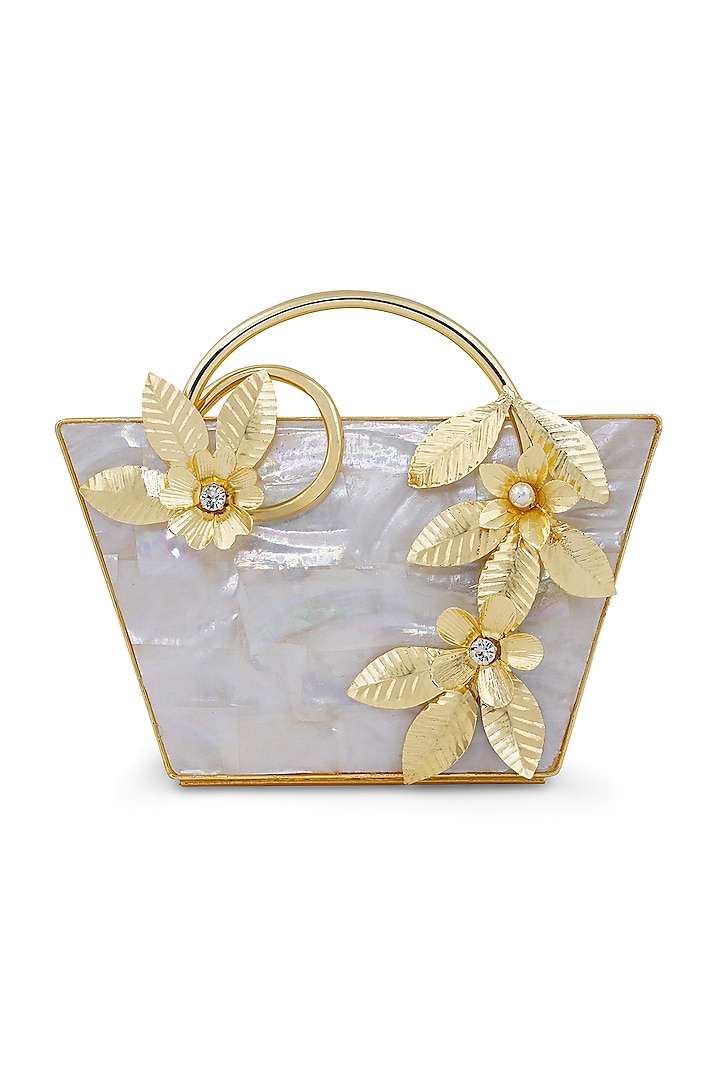 Gold & Ivory Floral Handle Clutch by Be Chic