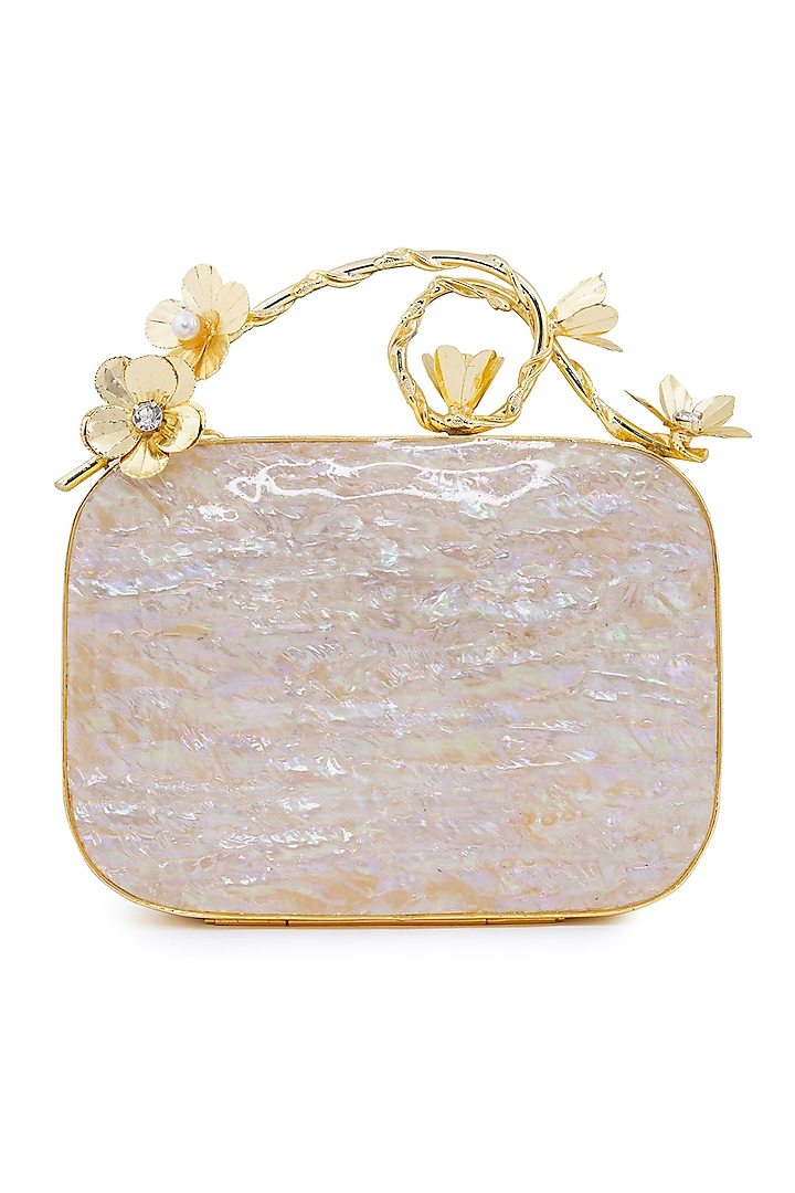 Gold & Ivory Mother Of Pearl & Floral Handle Clutch by Be Chic