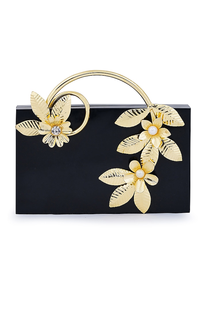 Black Metallic Floral Embellished Clutch by Be Chic