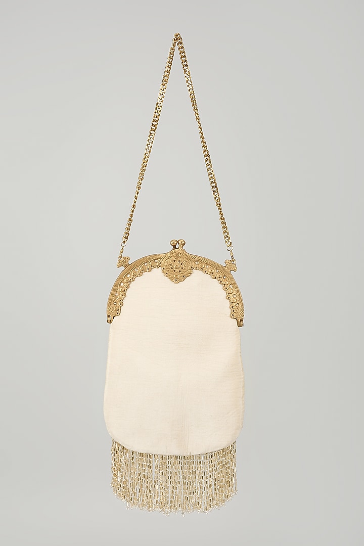 Gold Satin & Metal Crystal Hand Embroidered Clutch by Be Chic at Pernia's Pop Up Shop