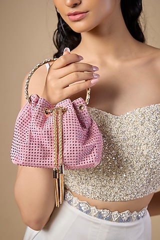 Light Pink Velvet Crystal Embellished Bucket Bag by Be Chic