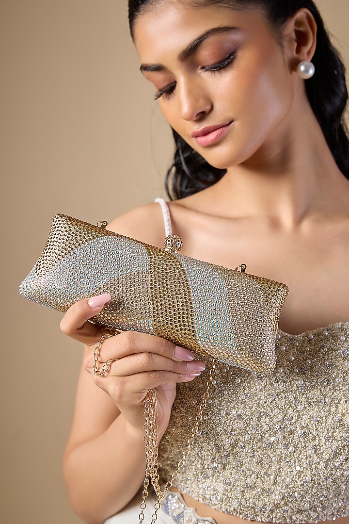 Gold Metal Crystal Embellished Ripple Clutch by Be Chic at Pernia's Pop Up Shop