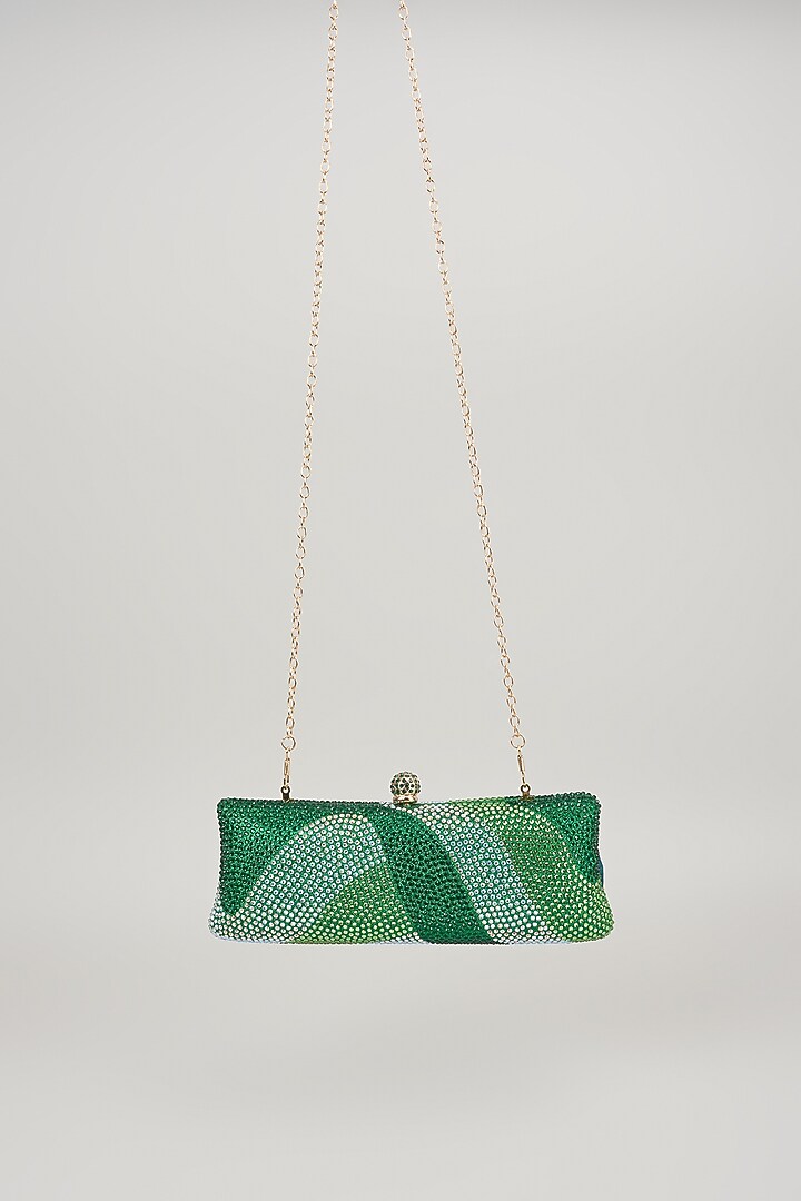 Green Metal Crystal Embellished Ripple Clutch by Be Chic at Pernia's Pop Up Shop