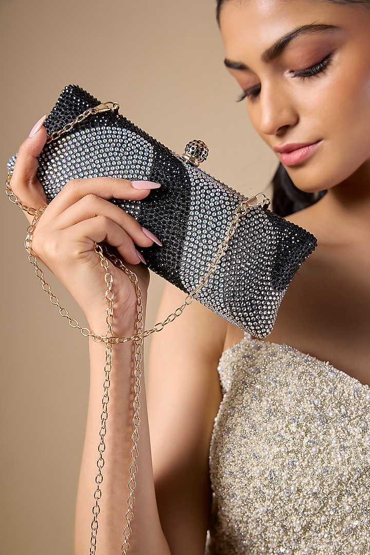 Black Metal Crystal Embellished Ripple Clutch by Be Chic at Pernia's Pop Up Shop