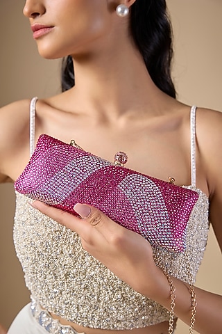 Pink Metal Crystal Embellished Ripple Clutch by Be Chic
