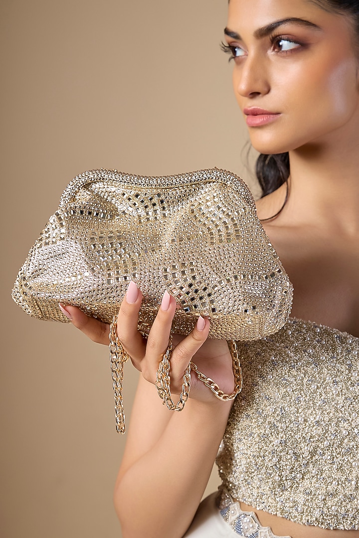 Gold Satin Crystal Embellished Potli by Be Chic at Pernia's Pop Up Shop