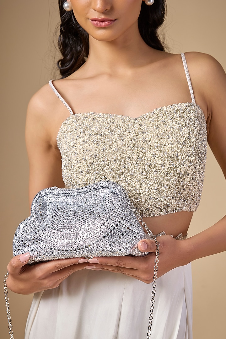 Silver Satin Crystal Embellished Potli by Be Chic at Pernia's Pop Up Shop