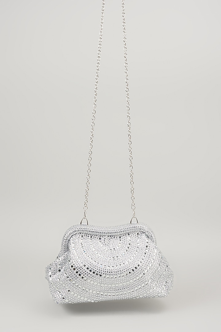 Silver Satin Crystal Embellished Potli by Be Chic at Pernia's Pop Up Shop