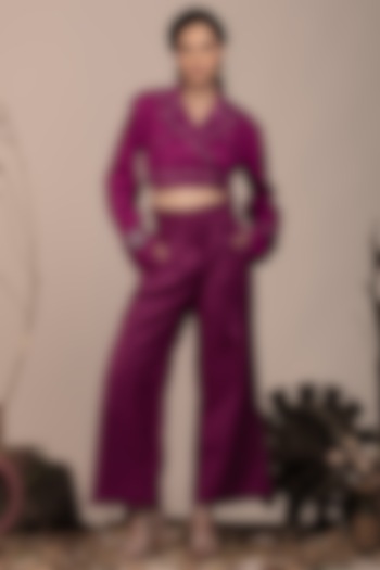 Mauve Suede Embroidered Crop Jacket Set by Beejoliyo at Pernia's Pop Up Shop