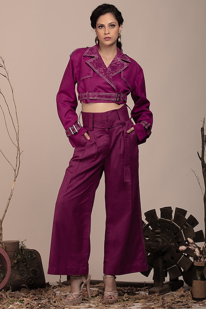 Mauve Suede Embroidered Crop Jacket Set by Beejoliyo at Pernia's Pop Up Shop