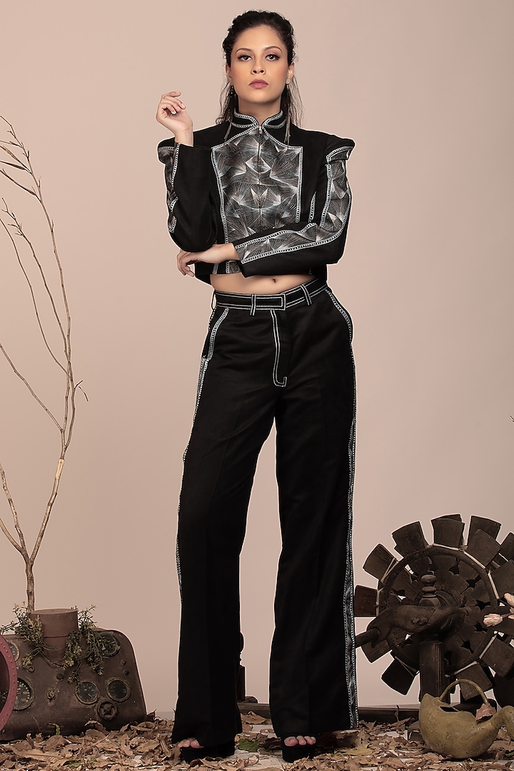 Black Suede Embroidered Crop Jacket Set by Beejoliyo at Pernia's Pop Up Shop