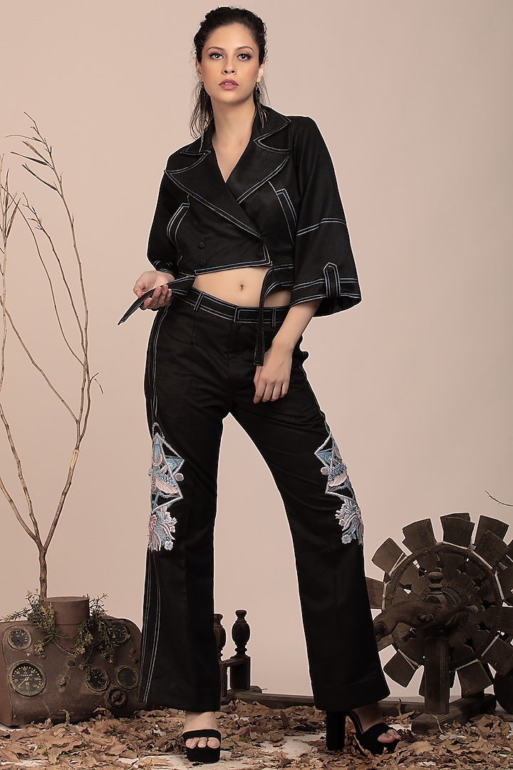 Black Suede Embroidered Crop Jacket Set by Beejoliyo at Pernia's Pop Up Shop