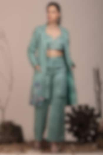 Mint Green Suede Embroidered Jacket Set by Beejoliyo at Pernia's Pop Up Shop