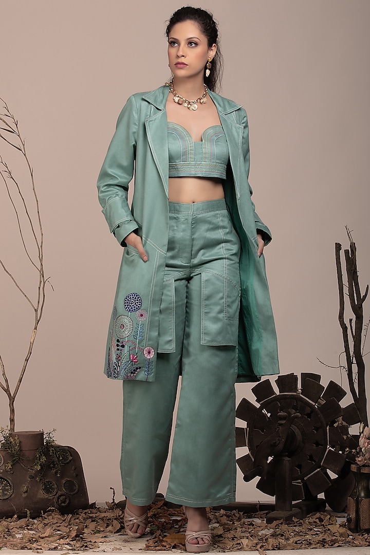 Mint Green Suede Embroidered Jacket Set by Beejoliyo at Pernia's Pop Up Shop