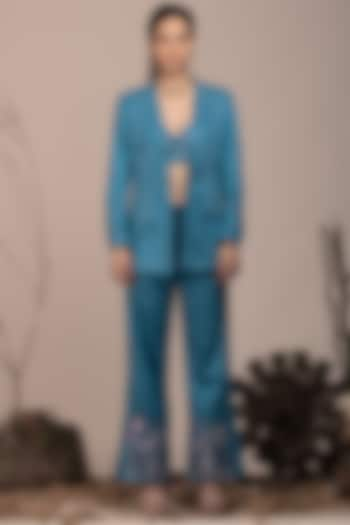 Teal Blue Suede Embroidered Jacket Set by Beejoliyo at Pernia's Pop Up Shop