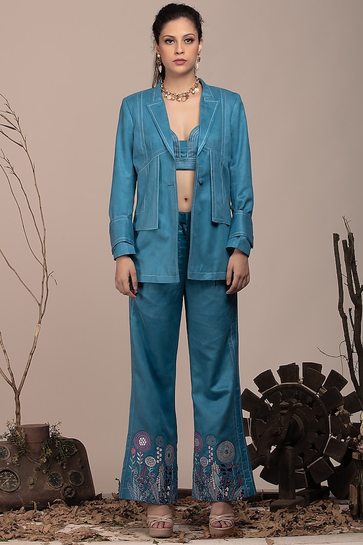 Teal Blue Suede Embroidered Jacket Set by Beejoliyo at Pernia's Pop Up Shop