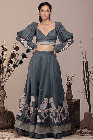 Grey Suede Embroidered Lehenga Set by Beejoliyo