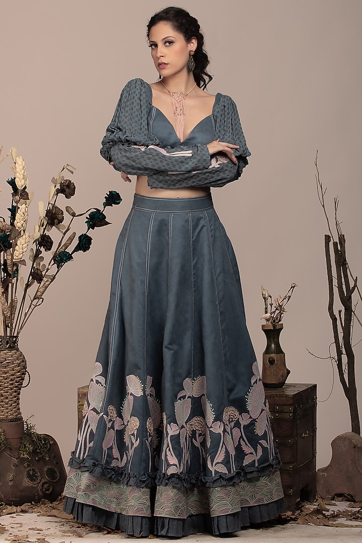 Grey Suede Embroidered Wedding Lehenga Set by Beejoliyo at Pernia's Pop Up Shop