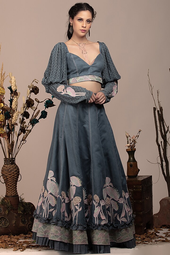 Grey Suede Embroidered Wedding Lehenga Set by Beejoliyo at Pernia's Pop Up Shop