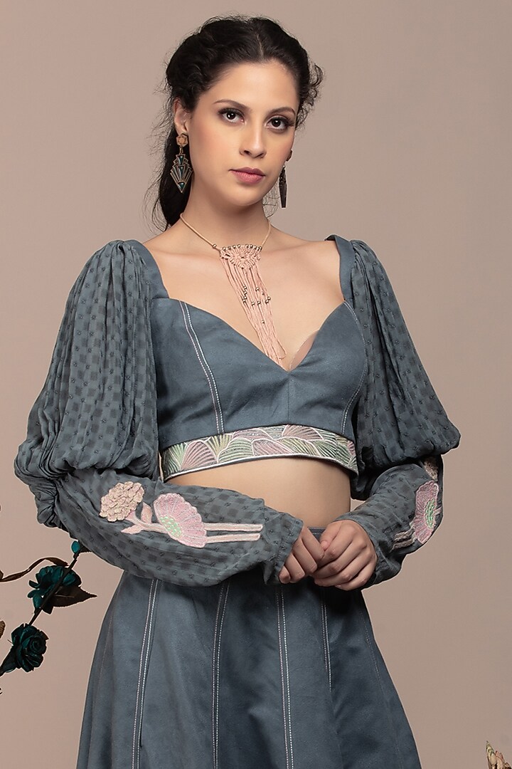 Grey Suede Embroidered Wedding Lehenga Set by Beejoliyo at Pernia's Pop Up Shop