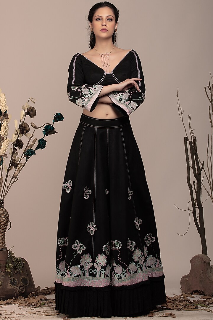 Black Suede Embroidered Wedding Lehenga Set by Beejoliyo at Pernia's Pop Up Shop