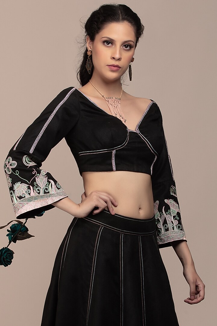 Black Suede Embroidered Wedding Lehenga Set by Beejoliyo at Pernia's Pop Up Shop