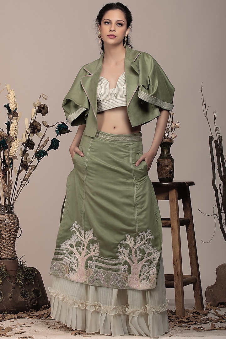 Sea Green Suede Embroidered Jacket Wedding Lehenga Set by Beejoliyo at Pernia's Pop Up Shop