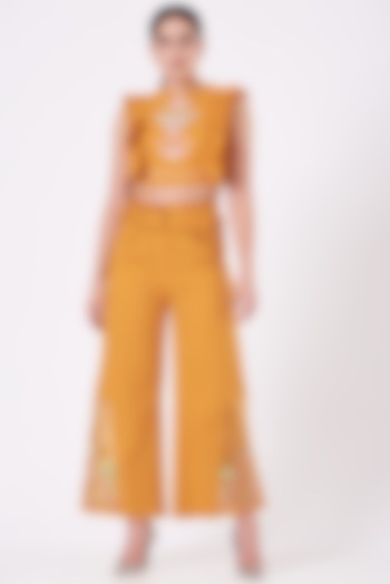Yellow Embroidered Flared Pants by Beejoliyo
