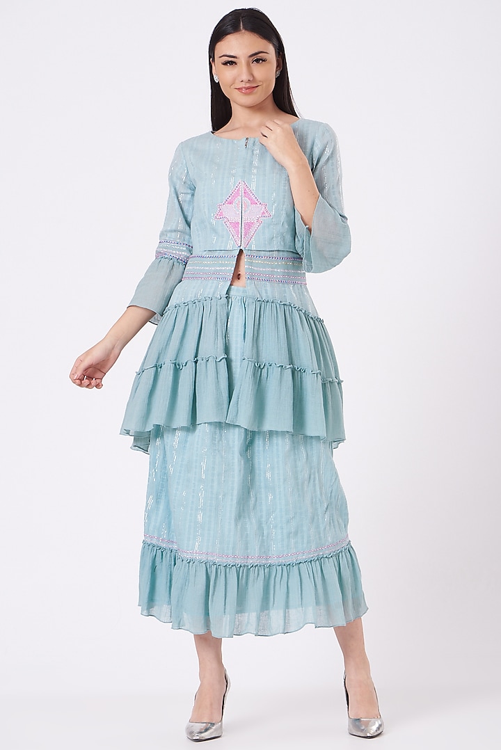 Powder Blue Embroidered Skirt Set by Beejoliyo
