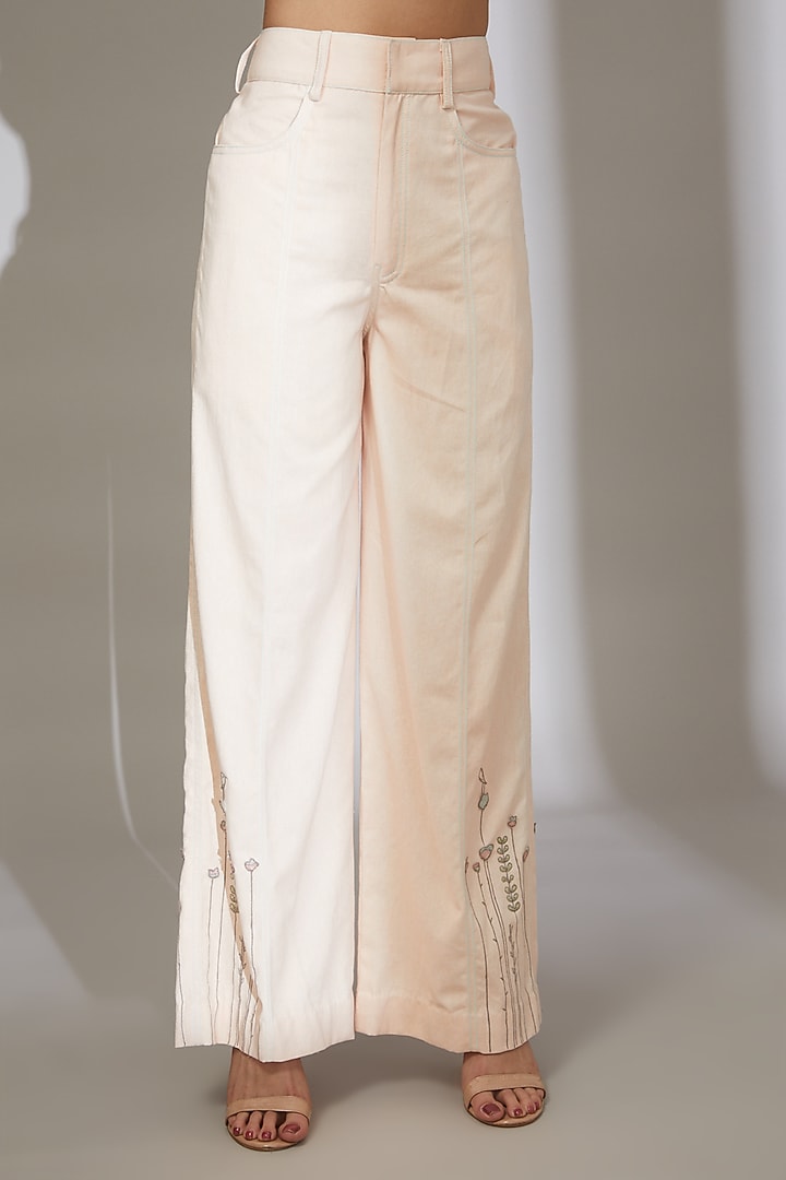 Peach Pink Embroidered Wide Leg Pants by Beejoliyo at Pernia's Pop Up Shop