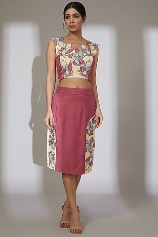Maroon & Cream Embroidered Skirt Set by Beejoliyo